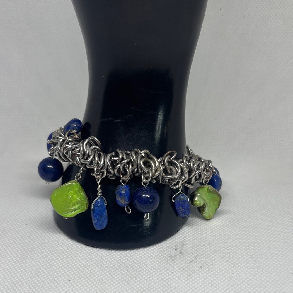 Vintage Upcycled Lapis Lazuli Bracelet Multi Pendent Curated Maximalist Style